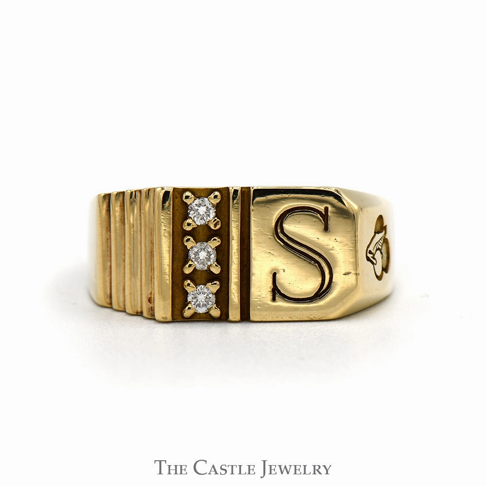 Sophisticated Accent Celebration Accent Diamond Accented "S" Stamped Men's Ring with Ridge Texture and Cherry Engraving in 10k Yellow Gold