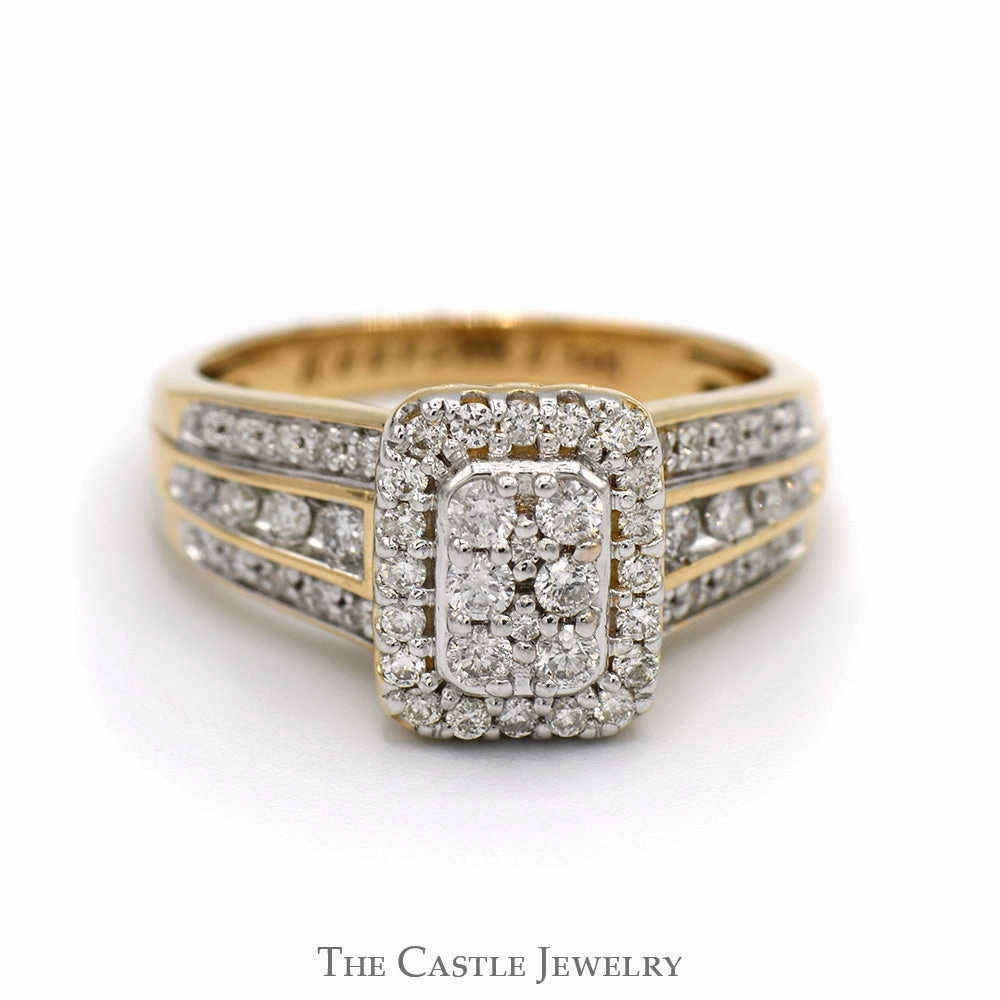 Quality Embellishment 3/4cttw Rectangular Diamond Cluster Ring with Diamond Accented Sides in 14k Yellow Gold