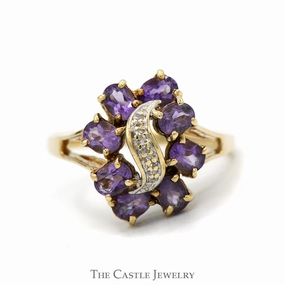 Gift Under 100 Sentimental Art Oval Amethyst Cluster Ring with Illusion Set Diamond Accents in 10k Yellow Gold