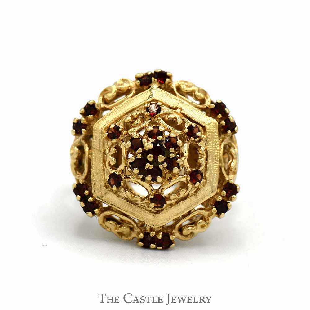 Easy Appearance Antique Style Garnet Cluster Shield Ring in 14k Yellow Gold
