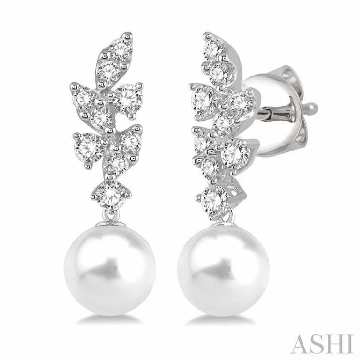 Chic Spark 8 MM Cultured Pearl and 1/3 Ctw Diamond Crepe Dangler Earrings in 14K White Gold