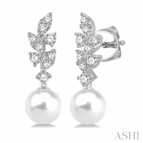 Chic Spark 8 MM Cultured Pearl and 1/3 Ctw Diamond Crepe Dangler Earrings in 14K White Gold