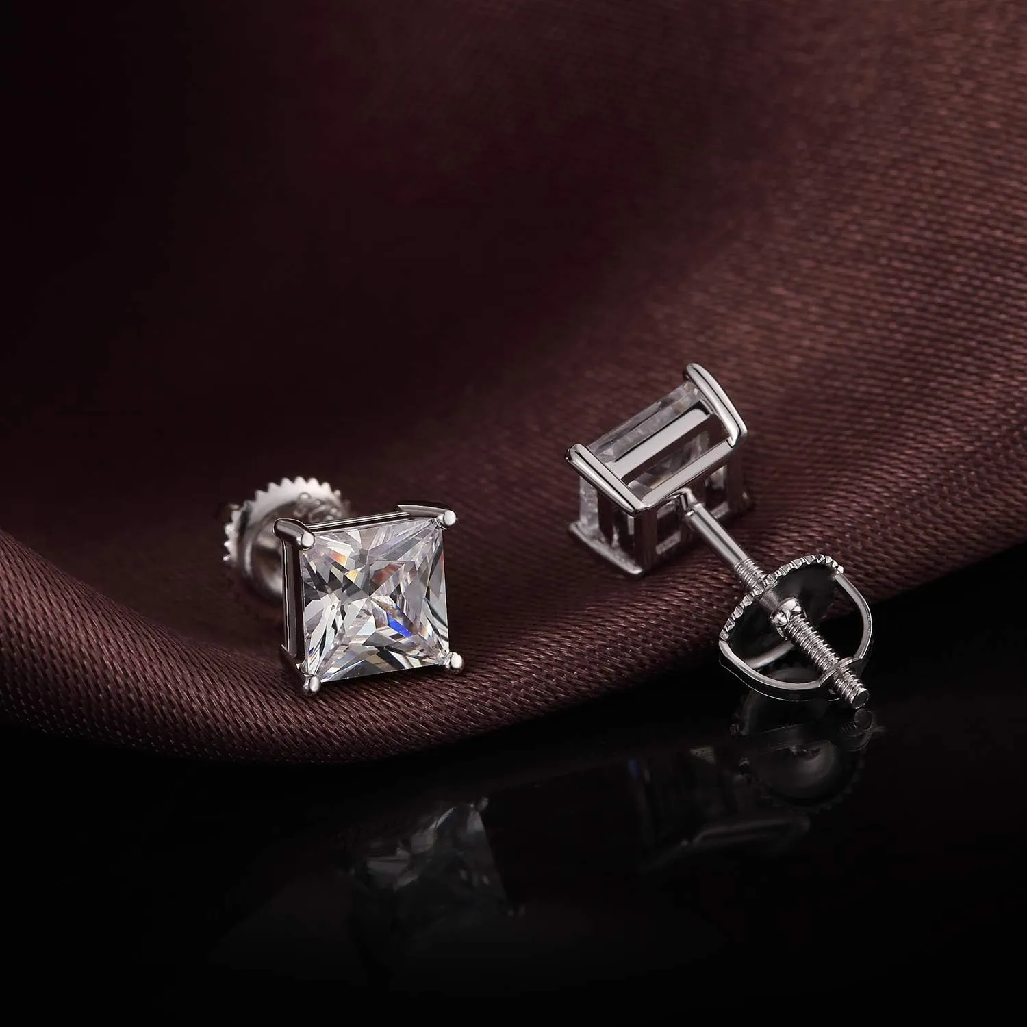 Stud Earrings with Screw Back, 925 Sterling Silver Cubic Zirconia Round Cut/Square Cut Stud Earrings for Women and Men, Long & Thick Post, 4MM-8MM
