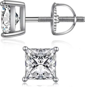 Stud Earrings with Screw Back, 925 Sterling Silver Cubic Zirconia Round Cut/Square Cut Stud Earrings for Women and Men, Long & Thick Post, 4MM-8MM