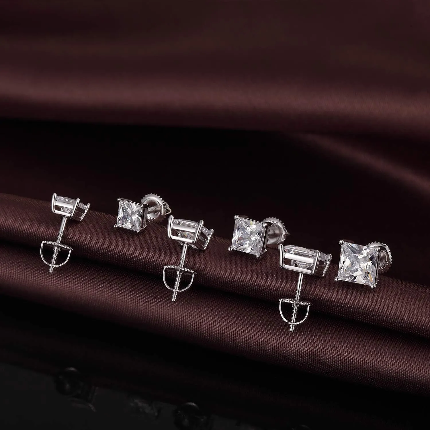 Stud Earrings with Screw Back, 925 Sterling Silver Cubic Zirconia Round Cut/Square Cut Stud Earrings for Women and Men, Long & Thick Post, 4MM-8MM