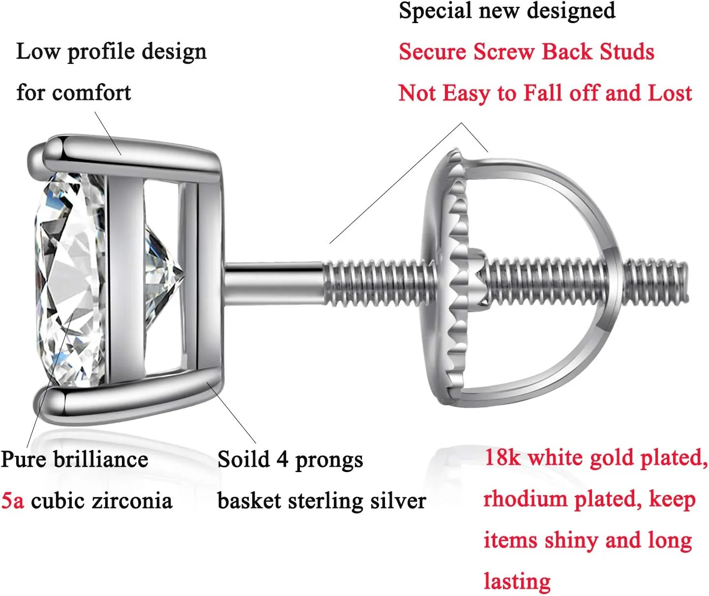 Stud Earrings with Screw Back, 925 Sterling Silver Cubic Zirconia Round Cut/Square Cut Stud Earrings for Women and Men, Long & Thick Post, 4MM-8MM