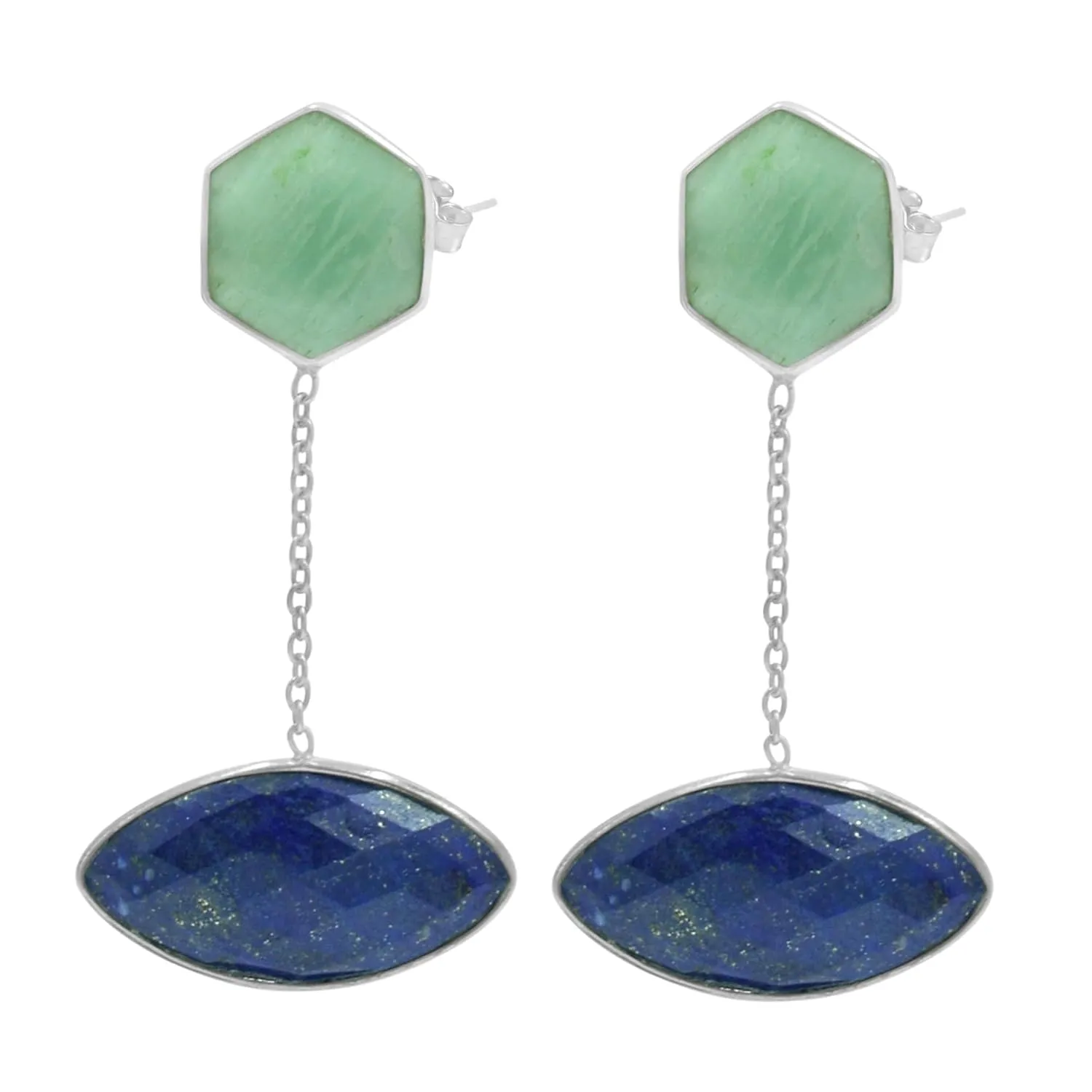 Stunning Lapis Lazuli and Amazonite Gemstone Silver Earrings