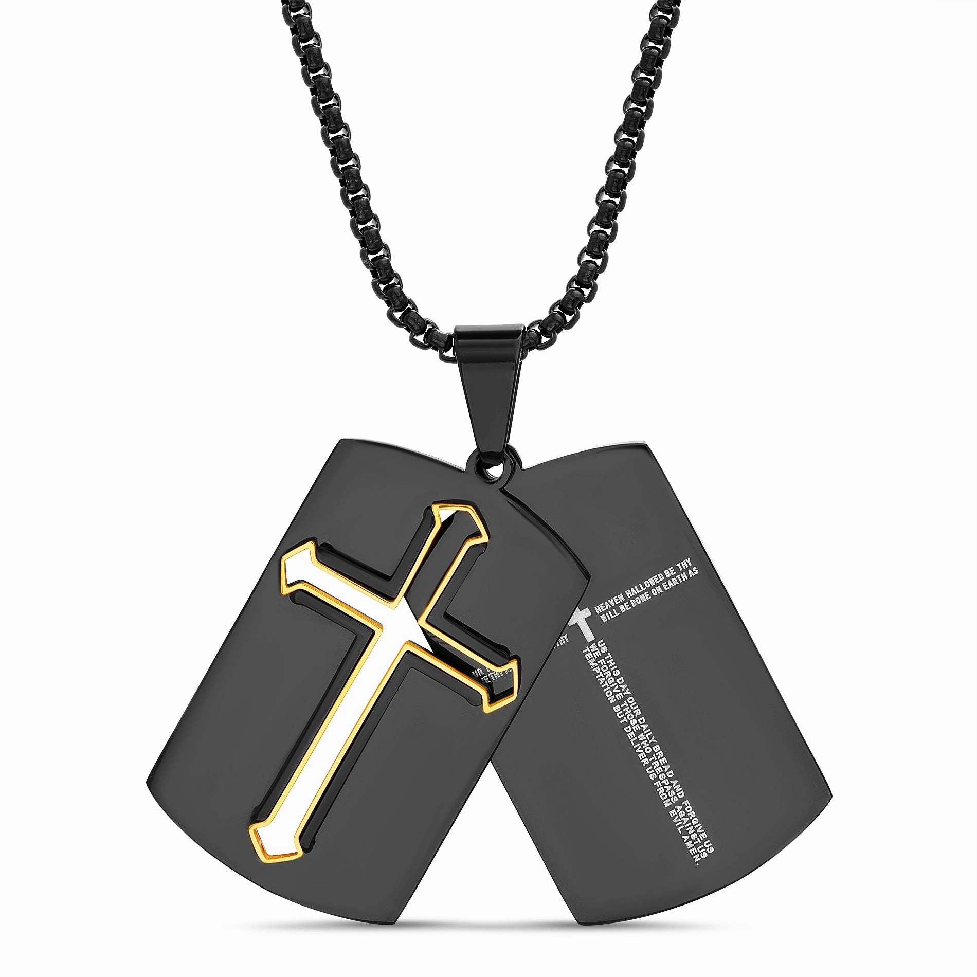 Comfortable Adornment Fresh Vibe My Bible 2 Sided Stainless Steel Cross and Lords Prayer Dog Tag Necklace