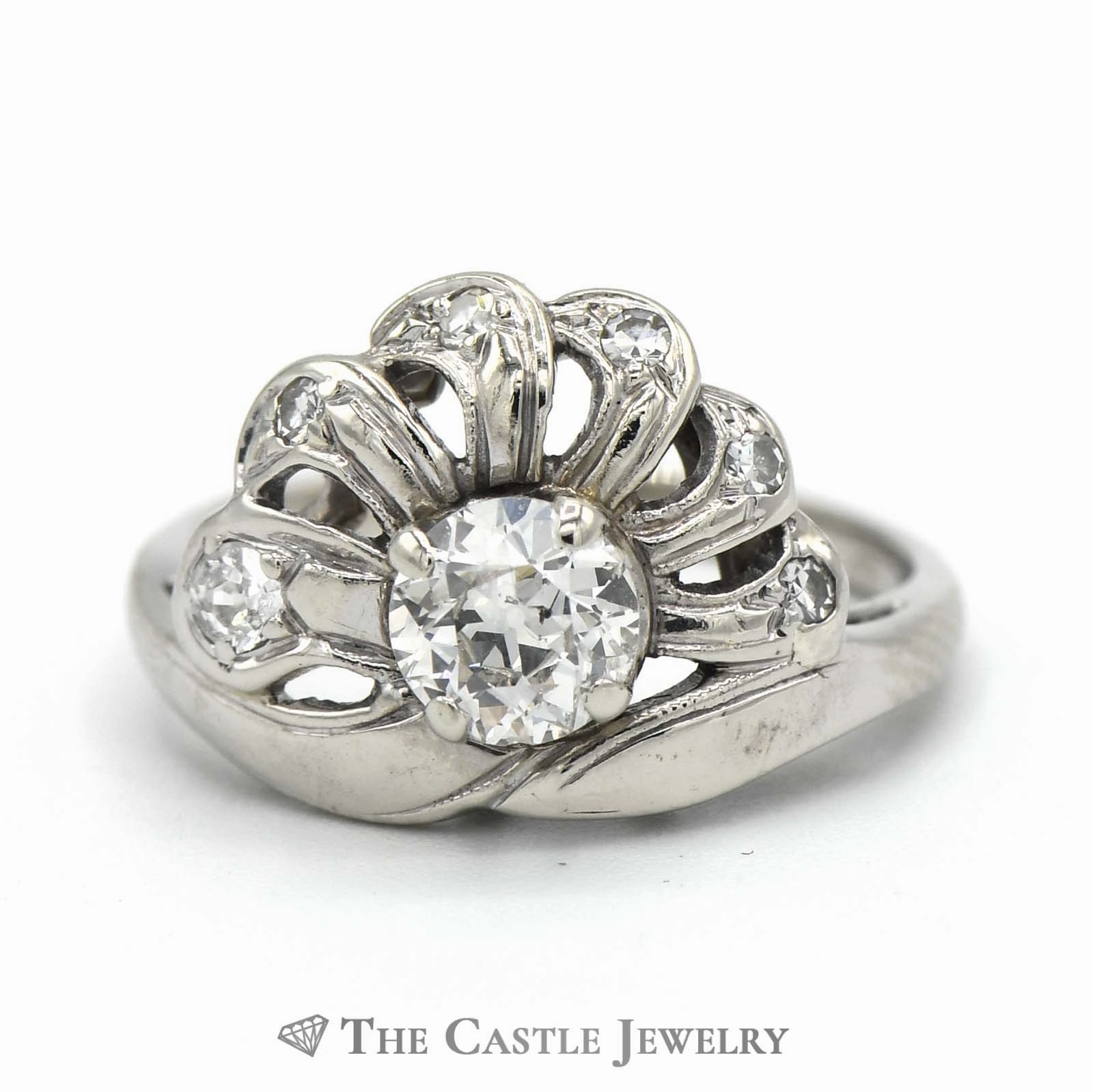Antique Old European Cut 3/4cttw Diamond Fan Ring in 14K White Gold Balanced Simplicity Formal Outfit