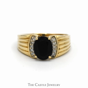 Chic Ornament Oval Black Onyx Ring with Diamond Accented Sides in 10k Yellow Gold Ridged Mounting