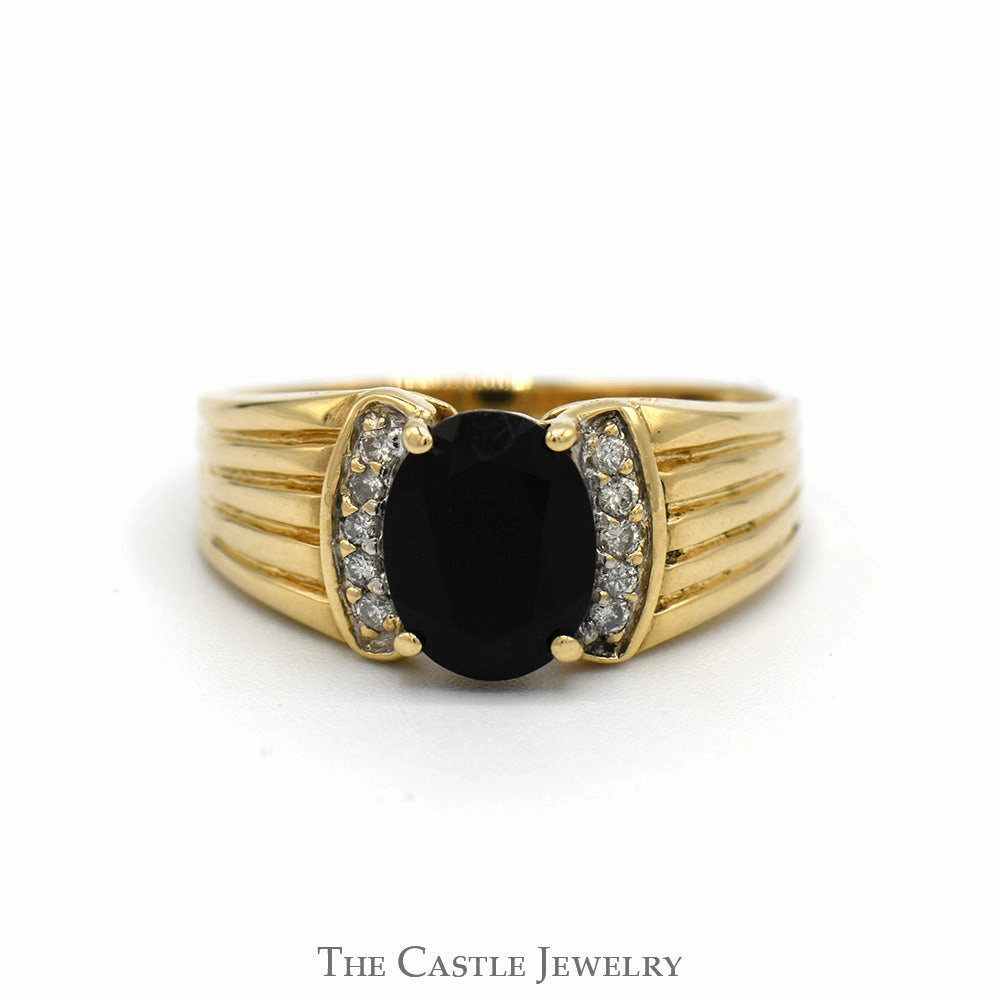 Chic Ornament Oval Black Onyx Ring with Diamond Accented Sides in 10k Yellow Gold Ridged Mounting