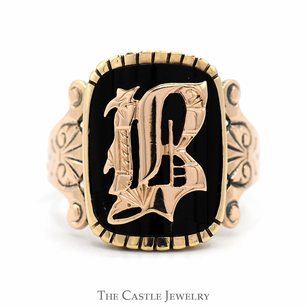 Black Onyx "B" Script Letter Ring with Scroll Designed Sides in 10k Rose Gold Low-Cost Product