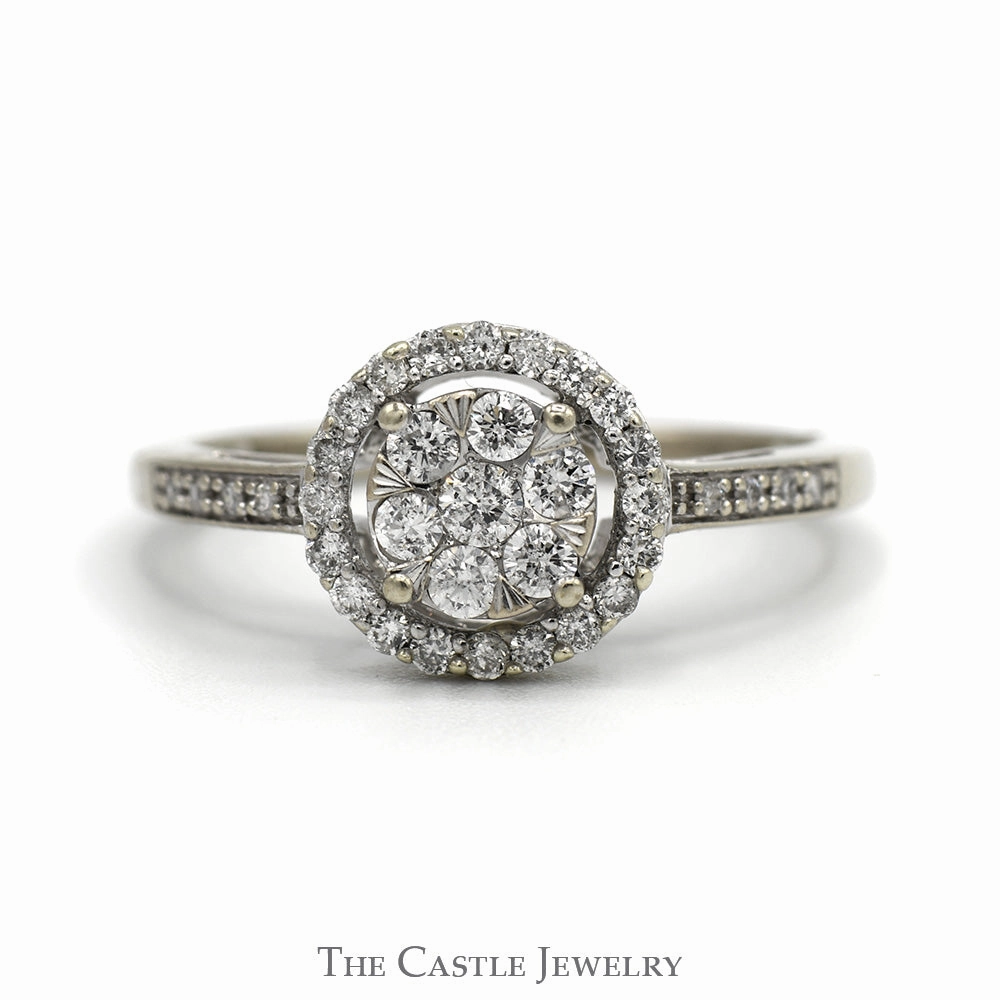 Meaningful Expression 1/2cttw Round Shaped Diamond Cluster Ring with Diamond Halo and Accented Sides in 14k White Gold