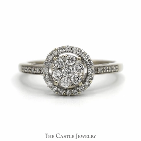 Meaningful Expression 1/2cttw Round Shaped Diamond Cluster Ring with Diamond Halo and Accented Sides in 14k White Gold