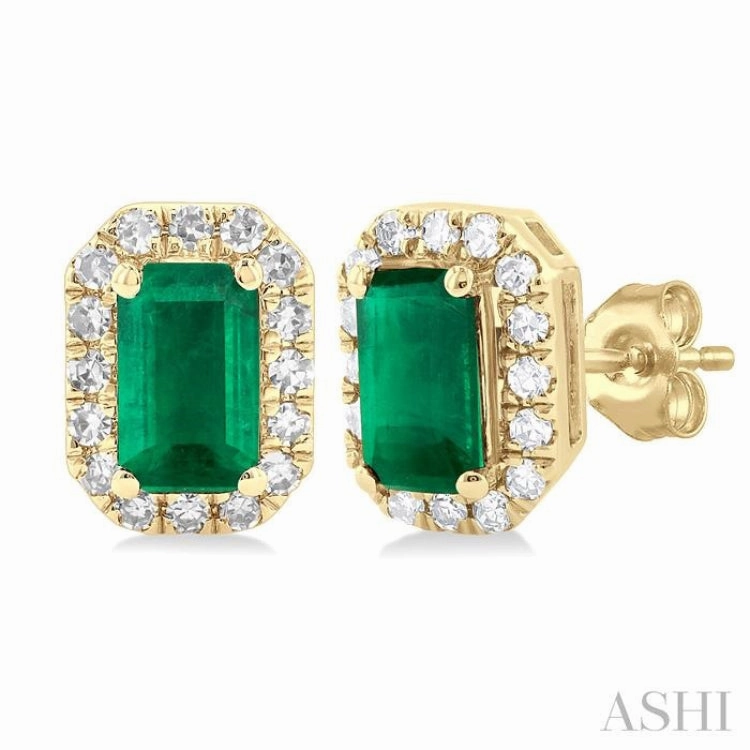 Opulent Glow Signature Highlight 5x3 MM Octagonal Shape Emerald and 1/8 Ctw Single Cut Diamond Halo Precious Stud Earrings in 10K Yellow Gold