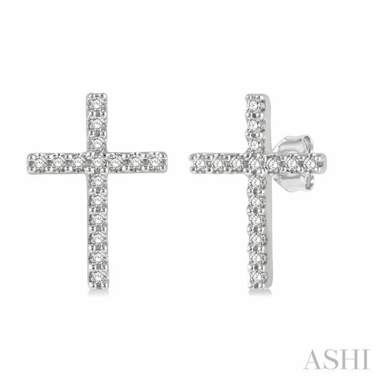 1/10 ctw Cross Round Cut Diamond Petite Fashion Earring in 14K White Gold Delicate Details Vibrant Edge