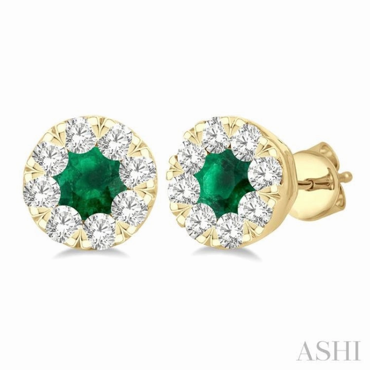 Special Celebration 3.3 MM Emerald and 1/2 Ctw Round Cut Diamond Lovebright Precious Stud Earrings in 14K Yellow Gold