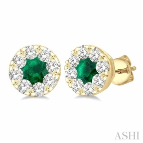 Special Celebration 3.3 MM Emerald and 1/2 Ctw Round Cut Diamond Lovebright Precious Stud Earrings in 14K Yellow Gold