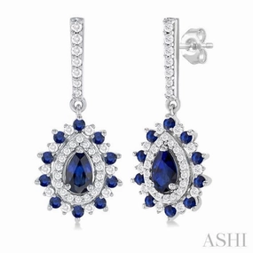 City Elegance Holiday Glow 5x3 MM Pear Cut & 1.45 MM Round Cut Sapphire and 1/3 Ctw Round Cut Diamond Precious Earring in 14K White Gold