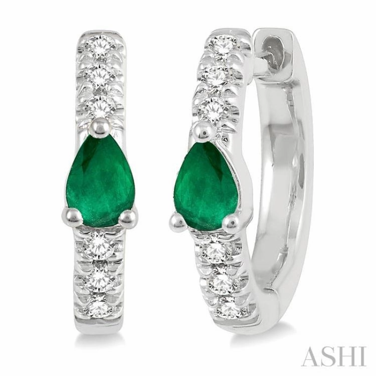 Bold Layer 4X3 MM Pear Cut Emerald and 1/10 Ctw Round Cut Diamond Petite Huggie Earrings in 10K White Gold