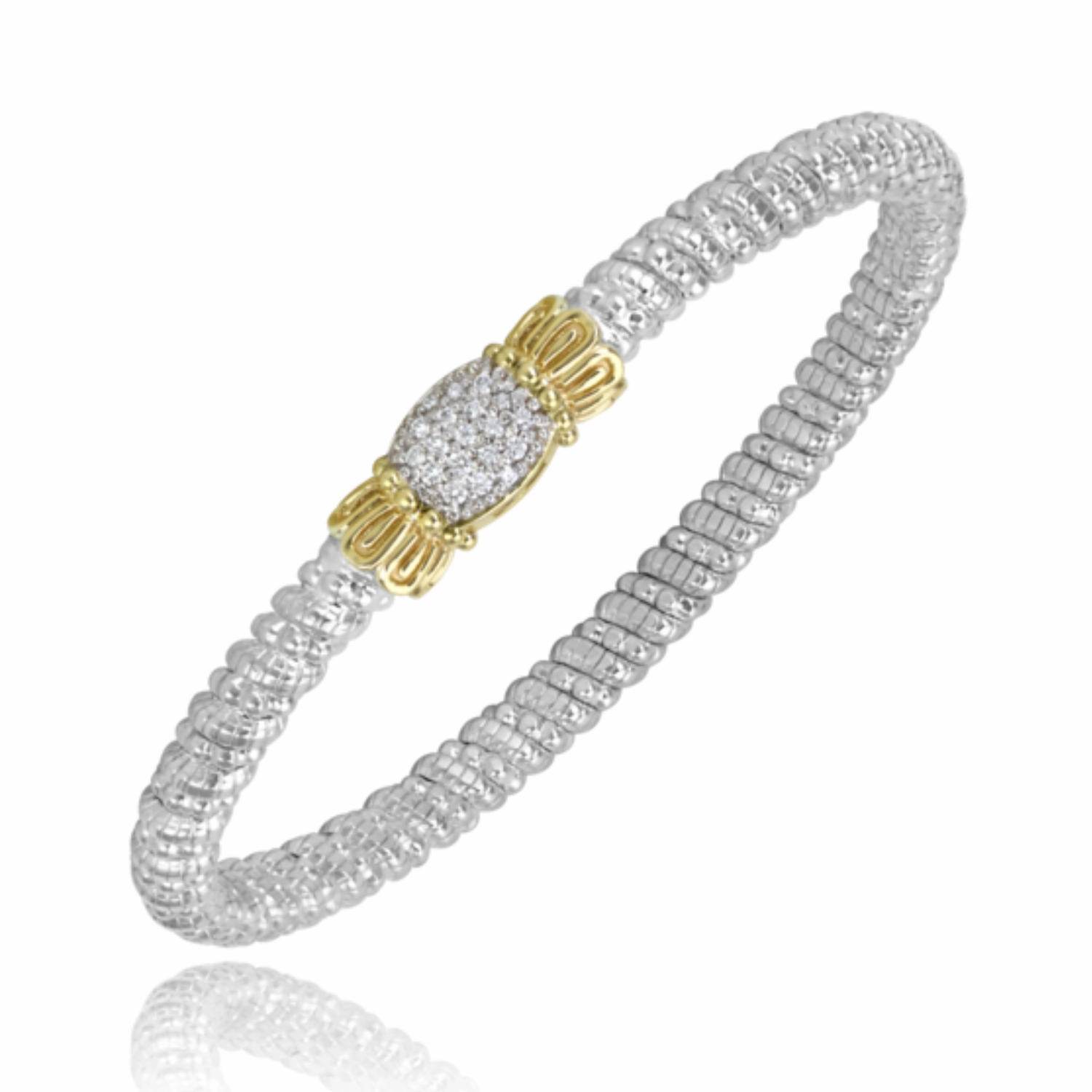 14K Yellow Gold and Sterling Silver Diamond Bangle Bracelet Exquisite Stones