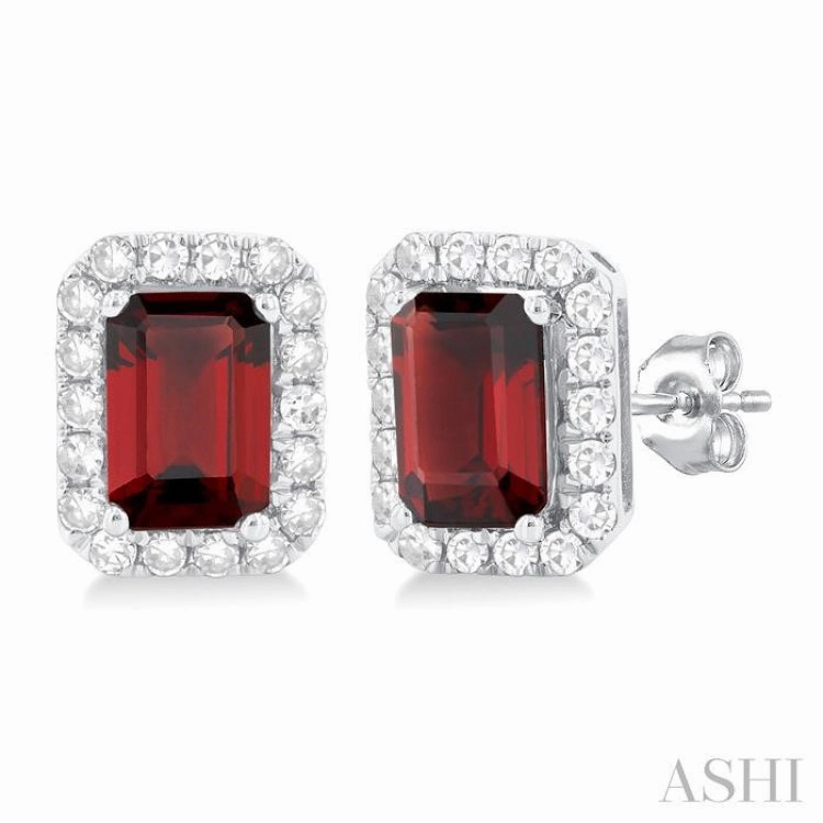 6x4 MM Octagonal Shape Garnet and 1/4 Ctw Round Cut Diamond Halo Semi-Precious Stud Earrings in 10K White Gold Glam Finish Romantic Detail