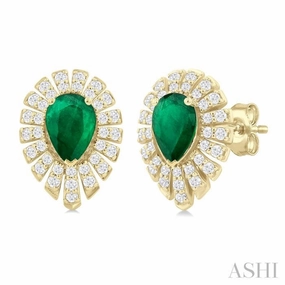 Bold Radiance 5X3 MM Pear Cut Emerald and 1/3 Ctw Starburst Round Cut Diamond Precious Stud Earring in 14K Yellow Gold
