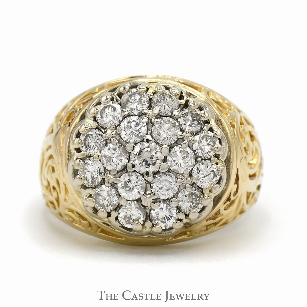 Evening Event Glam Finish 2cttw Diamond Kentucky Cluster Ring with Open Filigree Sides in 10k Yellow Gold