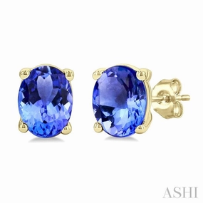 Bridal Collection Delicate Style 4X3 MM Oval Shape Tanzanite Precious Stud Earrings in 14K Yellow Gold