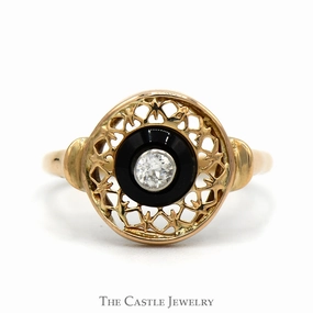 Old Mine Cut Diamond Circular Shield Ring with Black Onyx Accent in 14k Yellow Gold Local Custom