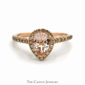 Pear Cut Morganite Le Vian Designer Ring with Diamond Halo and Accented Sides in 14k Rose Gold Hypoallergenic Item