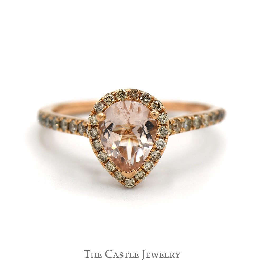 Pear Cut Morganite Le Vian Designer Ring with Diamond Halo and Accented Sides in 14k Rose Gold Hypoallergenic Item