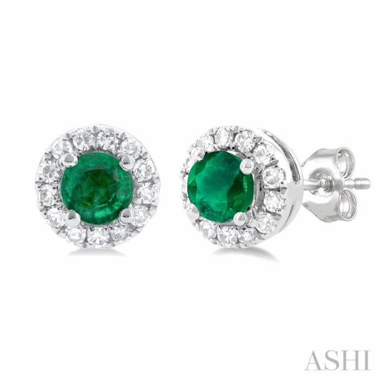 3.25 MM Round Emerald and 1/10 Ctw Single Cut Diamond Halo Precious Stud Earrings in 10K White Gold Versatile Charm