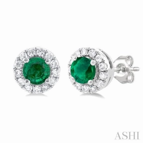 3.25 MM Round Emerald and 1/10 Ctw Single Cut Diamond Halo Precious Stud Earrings in 10K White Gold Versatile Charm