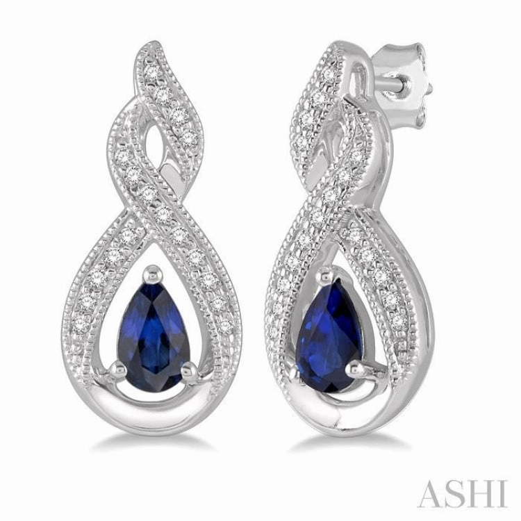 Elegant Style 5x3 MM Pear Shape Sapphire and 1/8 Ctw Entwined Round Cut Diamond Precious Earring in 10K White Gold