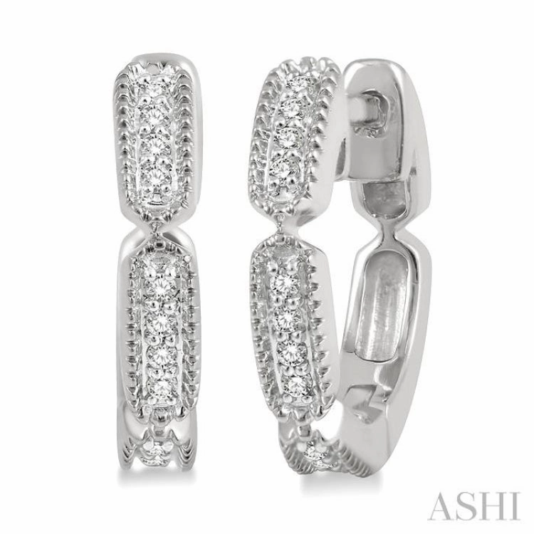1/10 ctw Lattice Long Hexagonal Pod Round Cut Diamond Huggie Petite Earrings in 10K White Gold Allure Accent