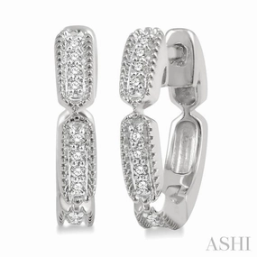 1/10 ctw Lattice Long Hexagonal Pod Round Cut Diamond Huggie Petite Earrings in 10K White Gold Allure Accent