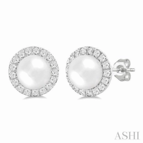 6 MM White Cultured Pearl and 1/4 Ctw Round Cut Diamond Halo Stud Earrings in 14K White Gold Sleek Outline Structured Shape