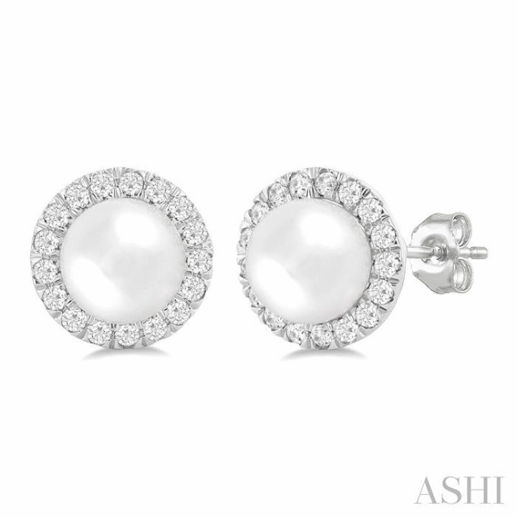 6 MM White Cultured Pearl and 1/4 Ctw Round Cut Diamond Halo Stud Earrings in 14K White Gold Sleek Outline Structured Shape