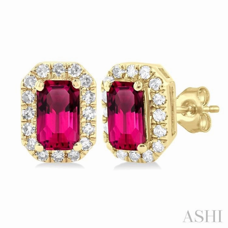 5x3 MM Octagonal Shape Pink Tourmaline and 1/8 Ctw Single Cut Diamond Halo Semi-Precious Stud Earrings in 14K Yellow Gold Evening Feature Premium Piece