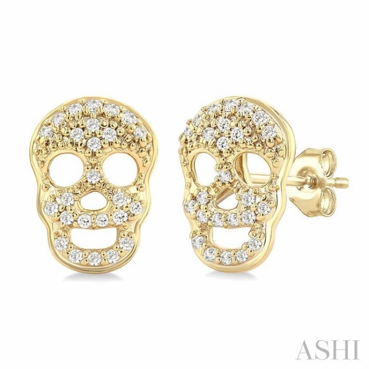 1/6 Ctw Petite Skull Single Cut Diamond Fashion Earrings in 10K Yellow Gold Quick Style Radiant Gems
