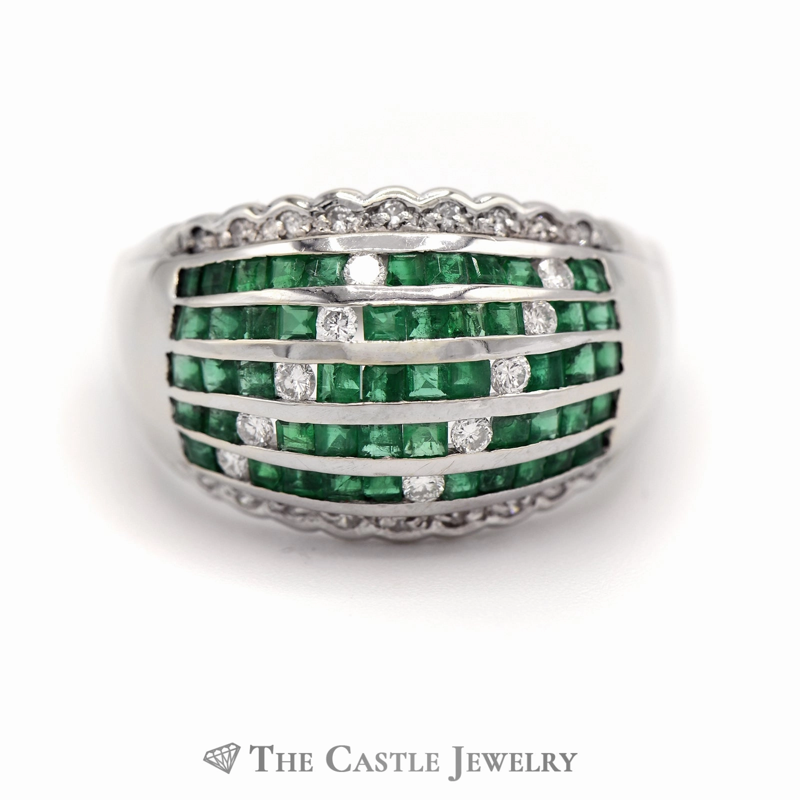 Emerald & Diamond Cluster Dome Ring in 18k White Gold Precision Cut
