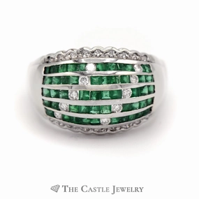 Emerald & Diamond Cluster Dome Ring in 18k White Gold Precision Cut