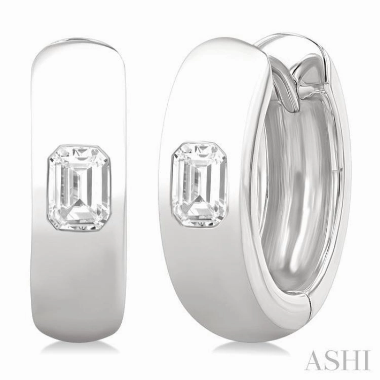 Sun-Kissed Look 1/3 ctw Bezel Set Emerald Cut Diamond Fashion Huggie Earrings in 14K White Gold