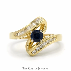 Round Sapphire Ring with Channel Set Diamond Accents in 14k Yellow Gold Bypass Mounting Classic Simplicity
