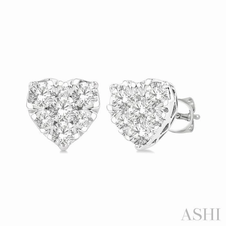 Modern Design 1/2 Ctw Heart Shape Lovebright Round Cut Diamond Stud Earring in 14K White Gold
