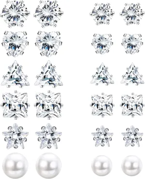 Subiceto 12 Pairs Stainless Steel Magnetic Stud Earrings for Women Men Non Piercing Cz Hypoallergenic Round Square Star Heart Pearl Clip on Earrings Set 6/8mm