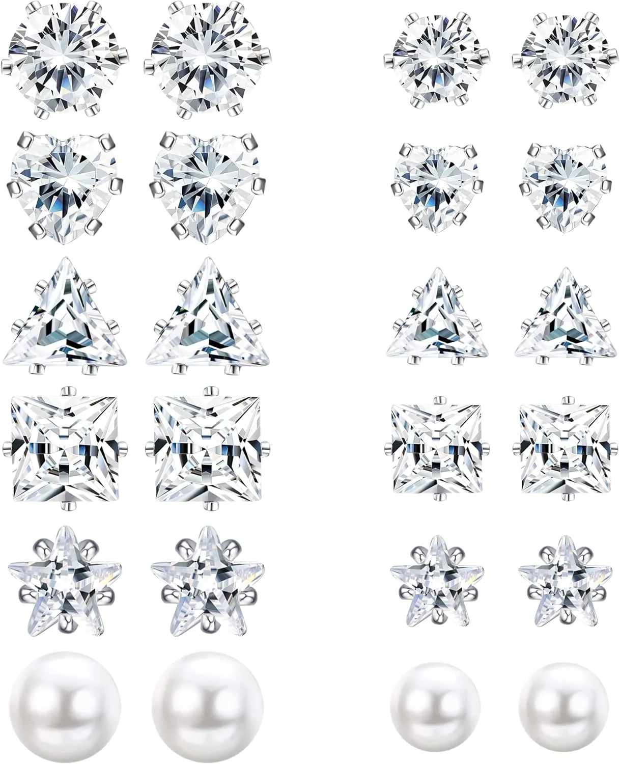 Subiceto 12 Pairs Stainless Steel Magnetic Stud Earrings for Women Men Non Piercing Cz Hypoallergenic Round Square Star Heart Pearl Clip on Earrings Set 6/8mm