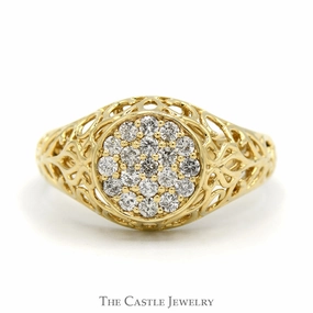 1/2cttw Diamond Kentucky Cluster Ring with Open Filigree Sides in 10k Yellow Gold Understated Glimmer Casual Look