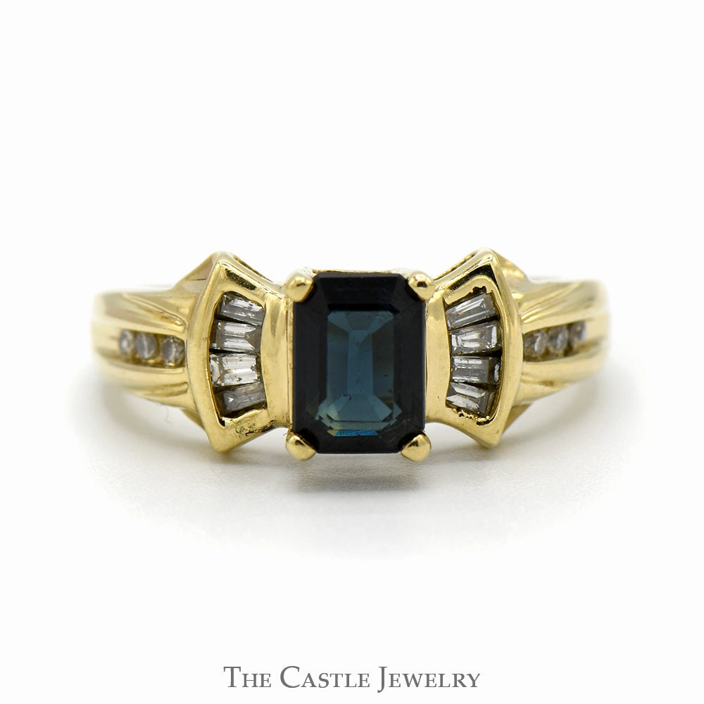Emerald Cut Sapphire Ring with Channel Set Baguette & Round Diamond Accents in 14k Yellow Gold Quick Gift